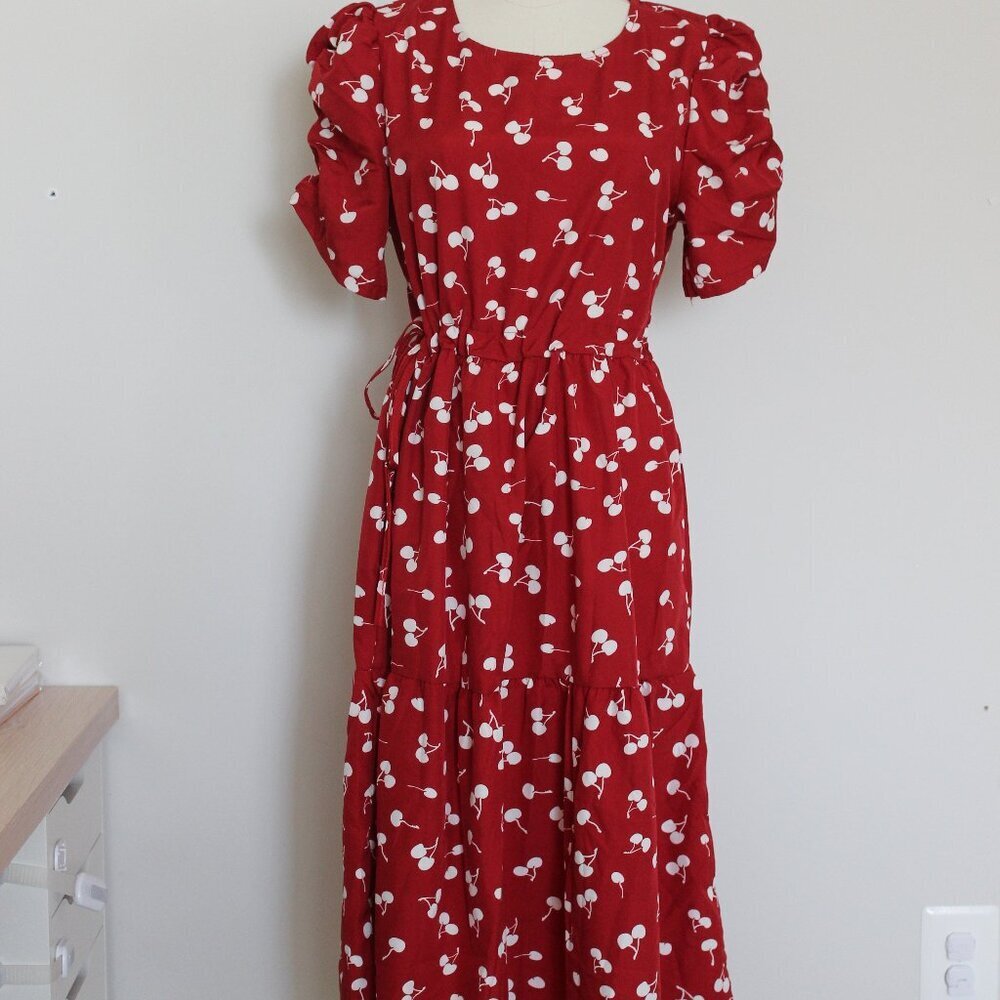 Dark Red Cherry Midi Dress